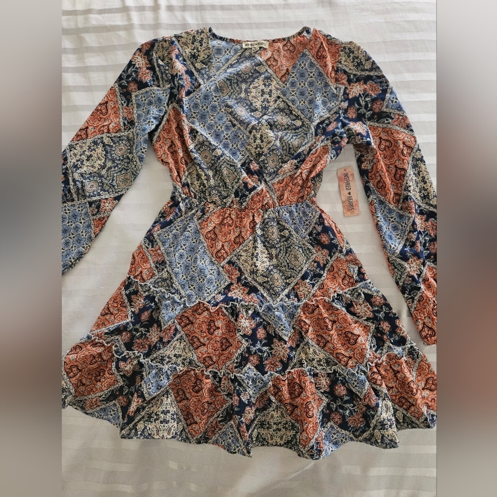 NWT Inspired•Hearts Boho Midi Knee Length Mixed Print Dress Size Medium